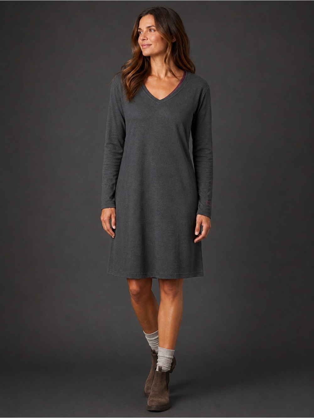 Horny Toad Flexcel Dress XL Charcoal Tencel V Neck Long Sleeve Shift Toad&Co